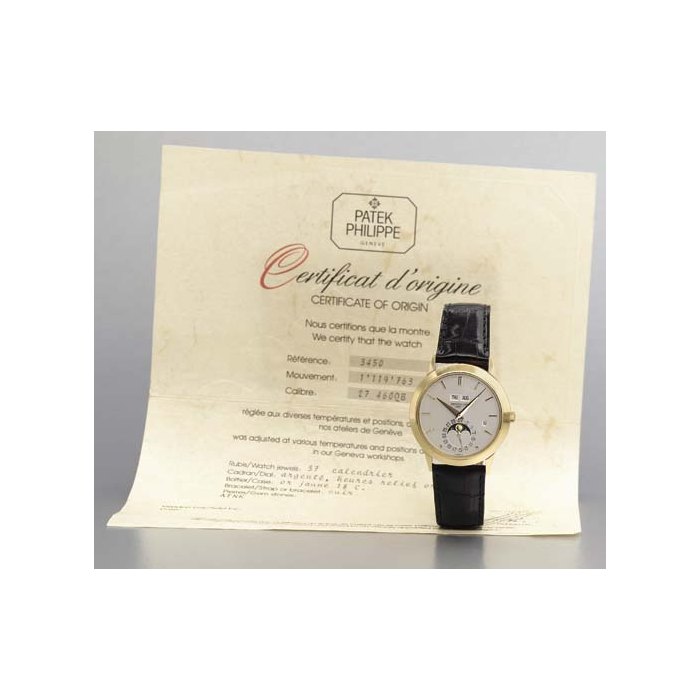 Patek Philippe. A fine and rare 18K gold self-winding perpetual calendar wristwatch with phases of the moon and leap year indicator SIGNED PATEK PHILIPPE, GENEVE, MOVEMENT NO. 1119763, CASE NO. 2808539, REF. 3450, CIRCA 1985