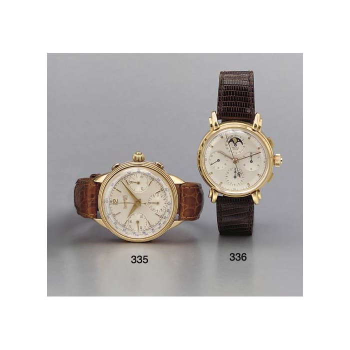 Record. A fine 18K pink gold split-second chronograph wristwatch with date and phases of the moon SIGNED RECORD, GENEVE, CIRCA 1980