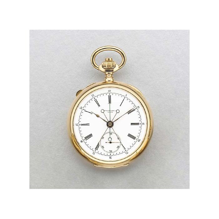 Patek Philippe. A fine and rare 18K gold openface split-second chronograph keyless lever watch with center jumping minute register SIGNED PATEK PHILIPPE & CO., GENEVE, MOVEMENT NO. 65880, 1883