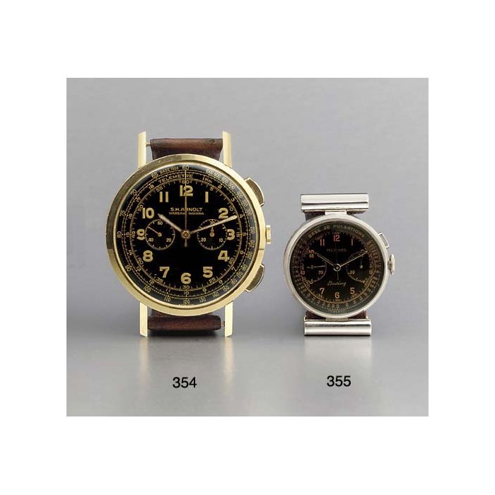 Swiss. An unusually massive 18K gold chronograph wristwatch with black dial UNSIGNED, MADE FOR S.H. ARNOLT, WARSAW, INDIANA, CIRCA 1950
