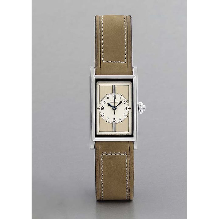 Swiss. A fine stainless steel curved rectangular single-button chronograph wristwatch with two-tone dial UNSIGNED, RETAILED BY BEYER, ZURICH, CIRCA 1935