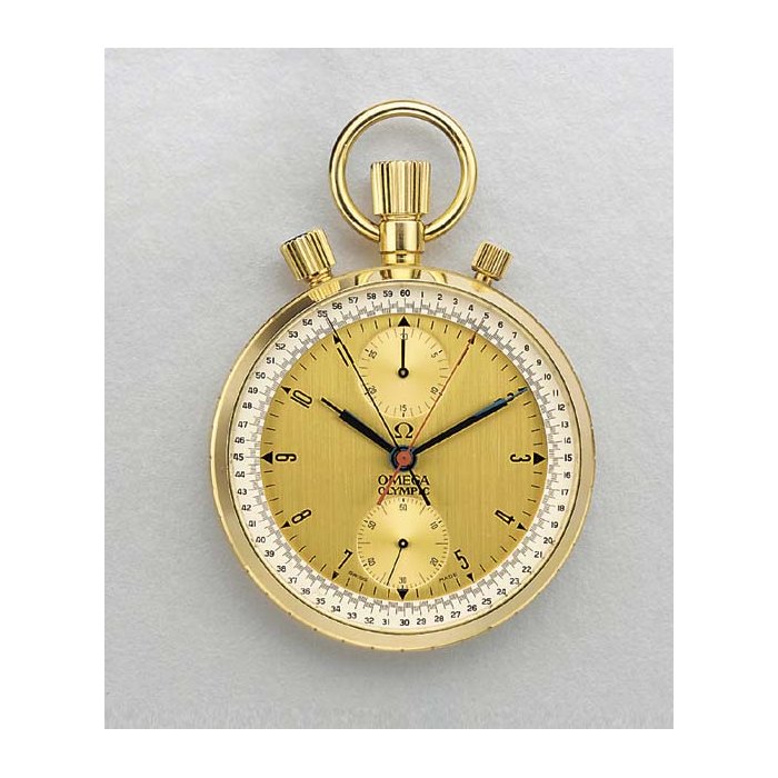 Omega. An 18K gold openface keyless lever watch with split-second timer SIGNED OMEGA, OLYMPIC, MOVEMENT NO. 1776721, CASE NO. 6713, CIRCA 1966