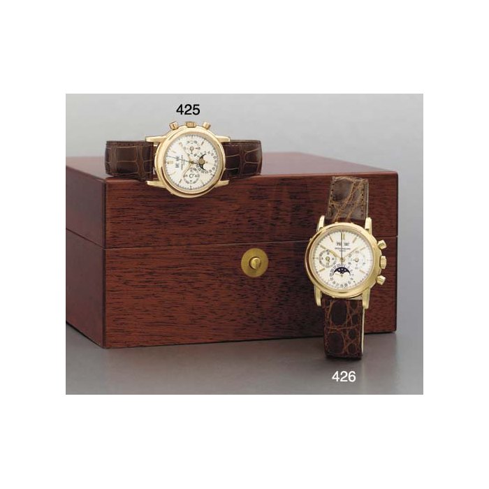 Patek Philippe. A fine and rare 18K pink gold perpetual calendar chronograph wristwatch with phases of the moon SIGNED PATEK PHILIPPE, GENEVE, NO. 3046754, CASE NO. 4177139, REF. 3970E, CIRCA 2000