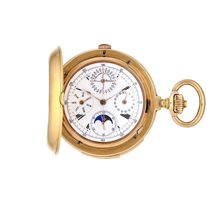 UNSIGNED HUNTER CASE MINUTE REPEATING PERPETUAL CALENDAR CHRONOGRAPH POCKET WATCH