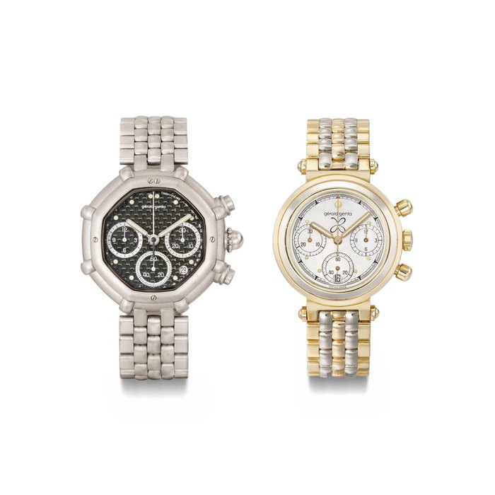 Gerald Genta. A lot of one 18K white gold and one 18K yellow and white gold and mother-of-pearl chronograph wristwatches with dates and bracelets SIGNED GÉRALD GENTA, SUCCESS, AUTOMATIC, REF. G.3388.7, CASE NO. 64'559 AND QUARTZ, REF. G.3189.7, CASE NO. 52'090, CIRCA 1995