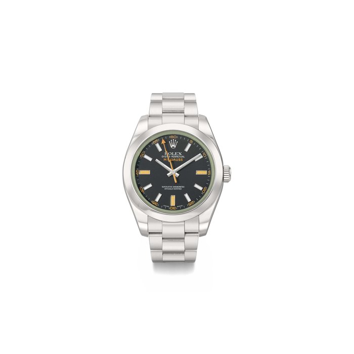 Rolex. A stainless steel automatic antimagnetic wristwatch with sweep centre seconds, green sapphire crystal and bracelet ROLEX, OYSTER PERPETUAL, MILGAUSS, REF. 116400GV, CASE NO. M642495, MANUFACTURED IN 2008