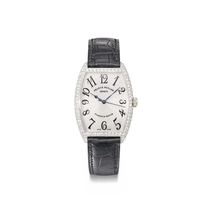 Franck Muller. An 18K white gold and diamond-set tonneau-shaped automatic curved wristwatch with sweep centre seconds SIGNED FRANCK MULLER, GENEVE, PLATINUM ROTOR, NO. 53, REF. 2852 SC D, CIRCA 2000