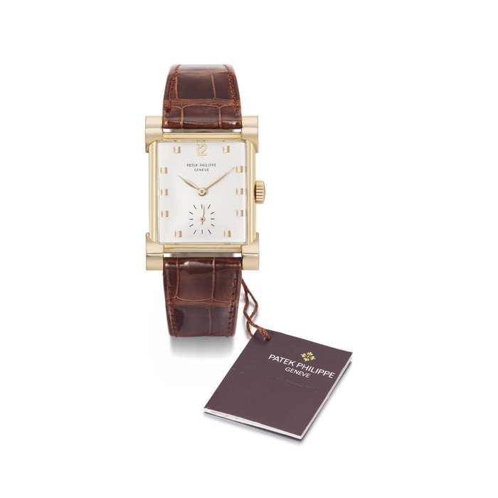 Patek Philippe. A fine, rare and attractive 18K pink gold rectangular wristwatch with large triangular-shaped lugs SIGNED PATEK PHILIPPE, GENÈVE, REF. 2518, MOVEMENT NO. 976'254, CASE NO. 514'219, MANUFACTURED IN 1954