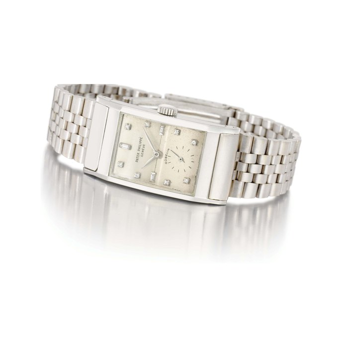 Patek Philippe. A fine and rare rectangular platinum and diamond-set wristwatch with bracelet SIGNED PATEK PHILIPPE, GENÈVE, RETAILED BY GÜBELIN, REF. 2461, MOVEMENT NO. 972'768, CASE NO. 661'421, MANUFACTURED IN 1950