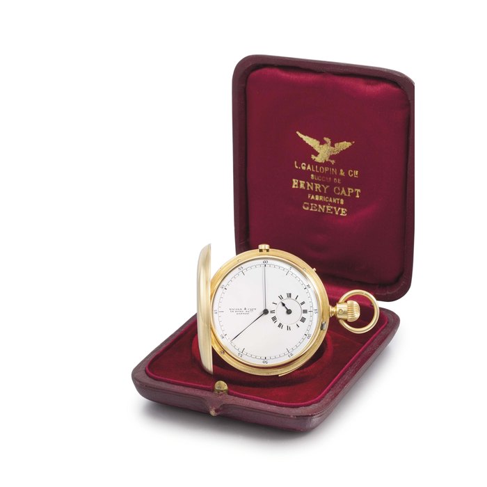 Nielsen & Capt. A fine, rare and unusual 18K gold hunter case half quarter repeating keyless lever single button chronograph watch with regulator dial SIGNED NIELSEN & CAPT, 14, SOHO STREET, LONDON, NO. 5500, PATENT, STAMPED WITH LONDON DATE LETTER FOR 1866-7