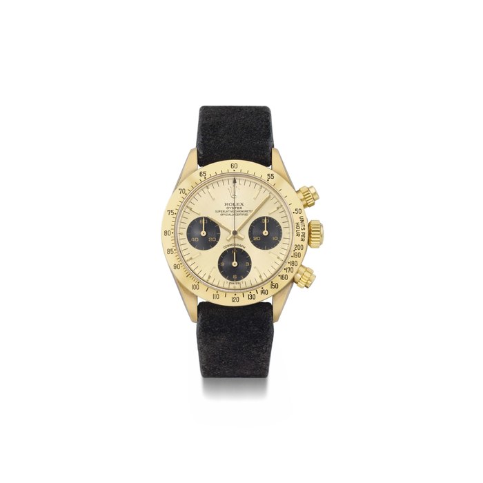 Rolex. A fine 14K gold chronograph wristwatch with champagne dial and box SIGNED ROLEX, OYSTER, COSMOGRAPH, REF. 6265, CASE NO. 5'035'117, MANUFACTURED IN 1976