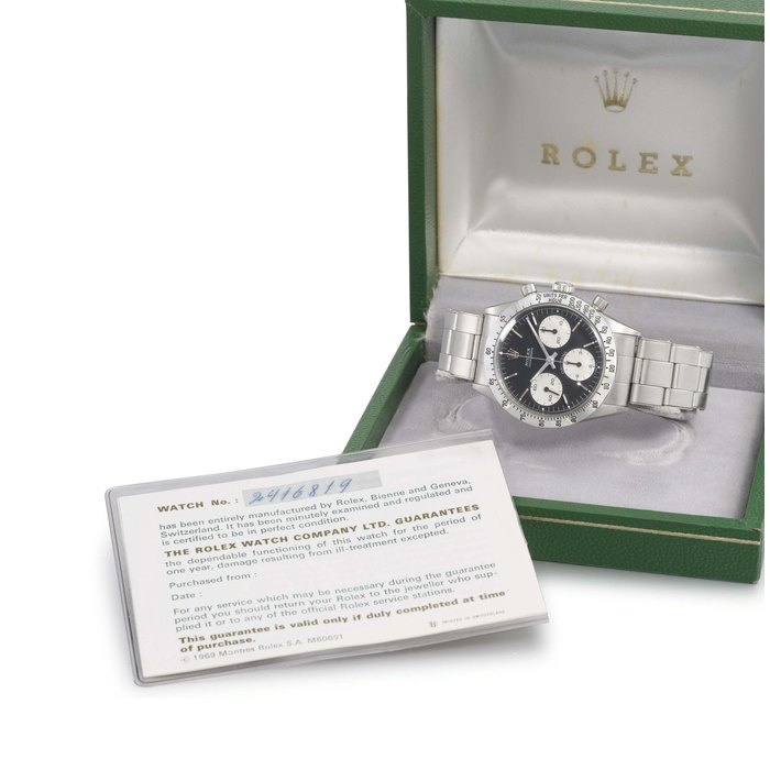 Rolex. An extremely fine and rare stainless steel chronograph wristwatch with bracelet, original protective sticker, certificate and box SIGNED ROLEX, COSMOGRAPH, DAYTONA, REF. 6262, CASE NO. 2'416'819, MANUFACTURED IN 1970