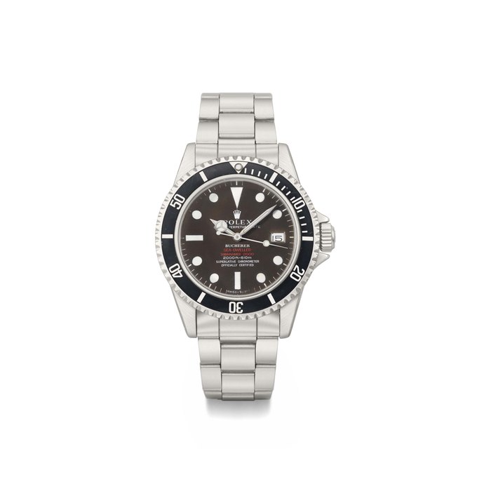 Rolex. An extremely rare and fine stainless steel automatic wristwatch with sweep centre seconds, date, bracelet, gas escape valve, tropical dial, original guarantee and box SIGNED ROLEX, OYSTER PERPETUAL DATE, BUCHERER, SEA-DWELLER, SUBMARINER 2000, 2000FT=610M, SUPERLATIVE CHRONOMETER OFFICIALLY CERTIFIED, REF. 1665, CASE NO. 1'721'721, MANUFACTURED IN 1968 AND RETAILED BY BUCHERER IN 1971
