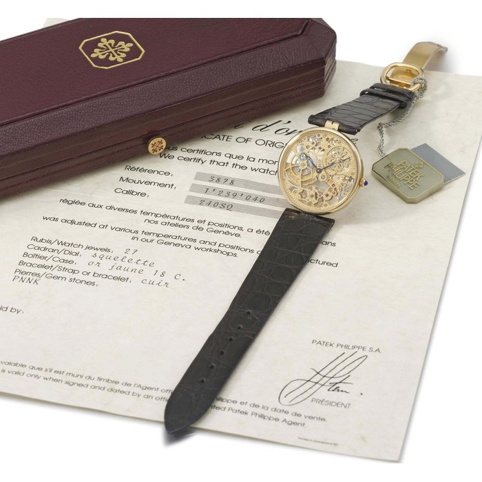 Patek Philippe. A fine 18K gold automatic skeletonized wristwatch with original certificate and box SIGNED PATEK PHILIPPE, GENÈVE, REF. 3878, MOVEMENT NO. 1'239'040, CASE NO. 2'809'708, MANUFACTURED IN 1983