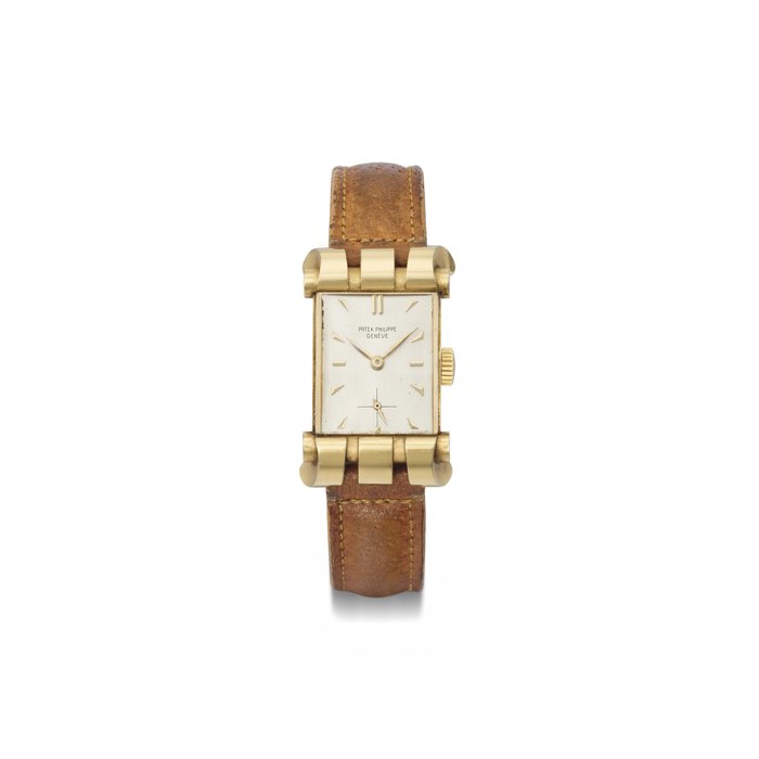 Patek Philippe. A fine and very rare 18K gold rectangular wristwatch with unusual lugs, originally fitted with cloisonné enamel dial depicting a golf theme SIGNED PATEK PHILIPPE, GENÈVE, REF. 2471, MOVEMENT NO. 973'617, CASE NO. 666'986, MANUFACTURED IN 1951