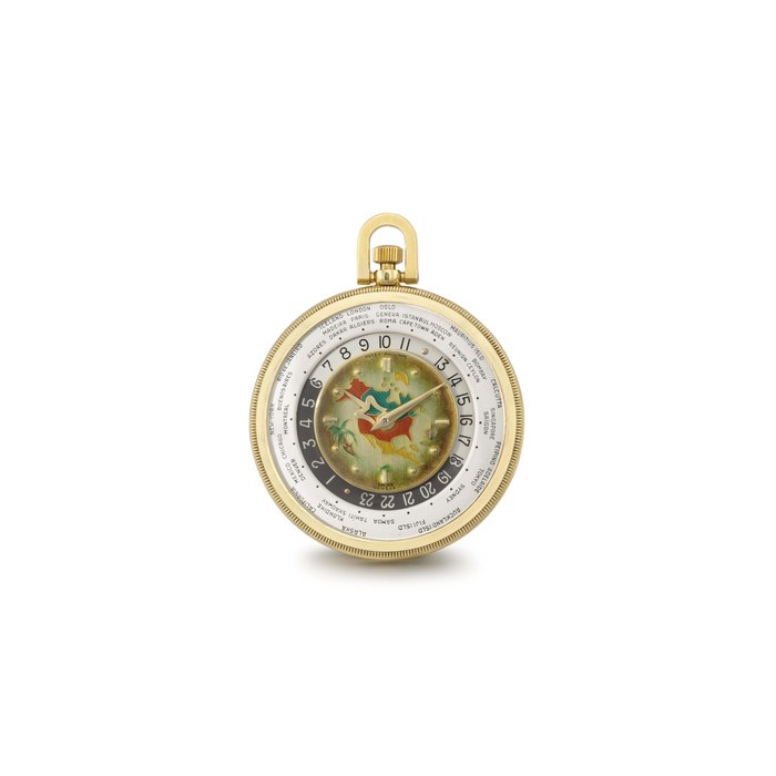 Patek Philippe. A fine and rare 18K gold openface World Time keyless watch with cloisonné enamel dial depicting a map of North America SIGNED PATEK PHILIPPE, GENÈVE, REF. 605, MOVEMENT NO. 931'072, CASE NO. 683'457, MANUFACTURED IN 1950