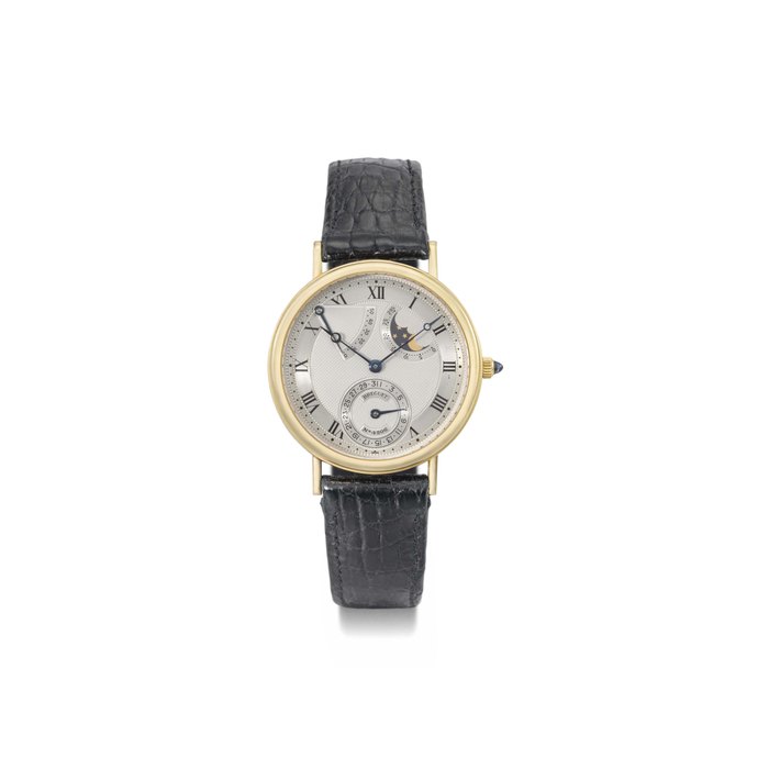 Breguet. A fine 18K gold automatic wristwatch with date, power reserve and moon phases SIGNED BREGUET, CLASSIQUE MODEL, REF. 3130, MOVEMENT NO. 1493, CASE NO. 4206, CIRCA 2000