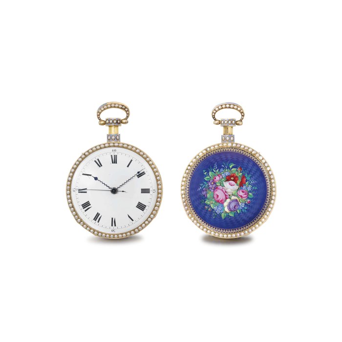 Attributed To Piguet & Meylan Attributed to Piguet & Meylan. A very fine, rare and attractive 18K gold, enamel and pearl-set two-train quarter repeating musical centre seconds watch, made for the Chinese market UNSIGNED, NO. 3585 AND 383, CIRCA 1820, Price & Market Data