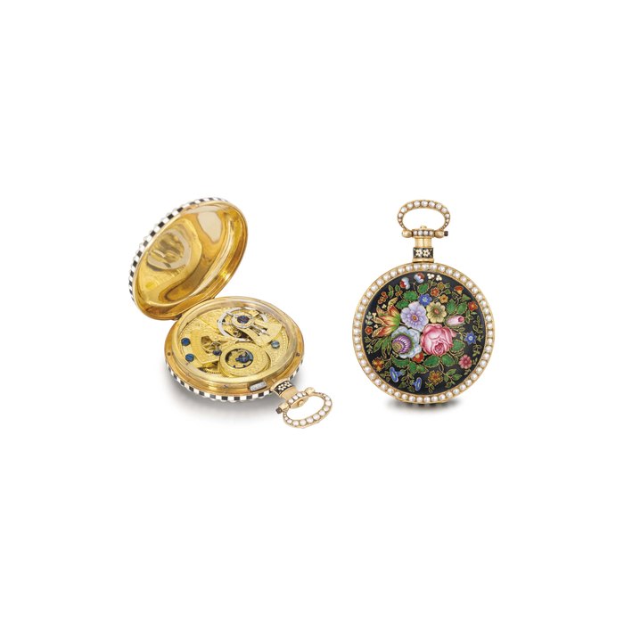 Vaucher. An extremely fine, rare and decorative 18K gold, enamel and pearl-set openface centre seconds watch, made for the Chinese market SIGNED VAUCHER, FLEURIER, NO. 286, CIRCA 1835