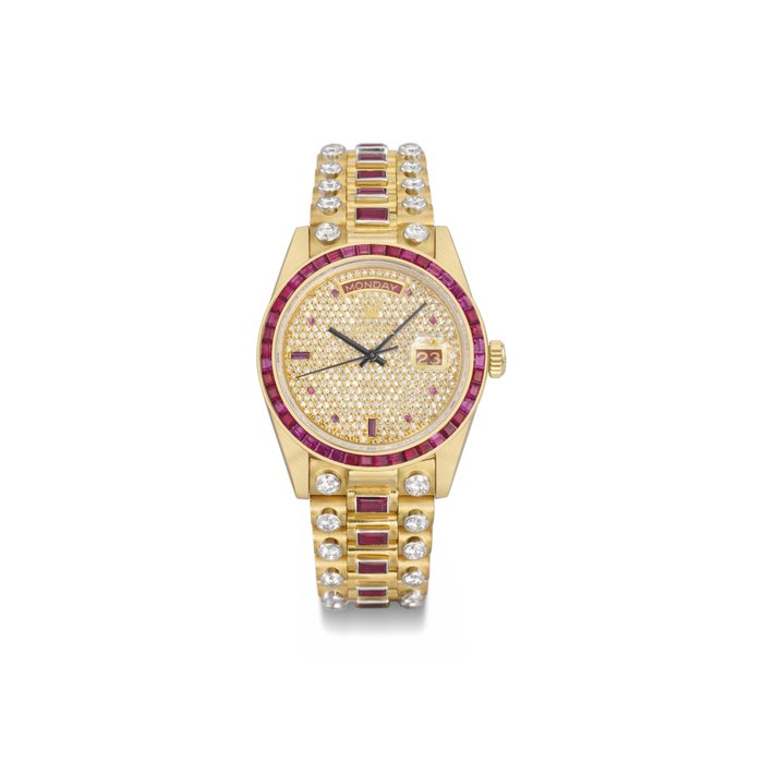 Rolex. An extremely rare and attractive 18K gold, diamond and ruby-set calendar wristwatch with sweep centre seconds and bracelet SIGNED ROLEX, REF. 18068, CASE NO. 7'407'156, MANUFACTURED IN 1982