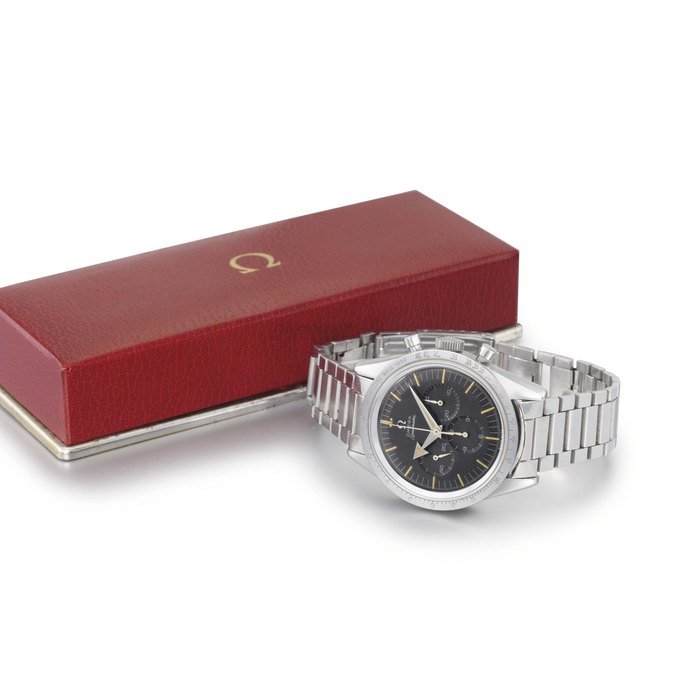 Omega Omega. A very rare stainless steel water-resistant chronograph wristwatch with bracelet SIGNED OMEGA, SPEEDMASTER, REF. CK 2915-2, BROAD ARROW MODEL, MOVEMENT NO. 15'997'514, MANUFACTURED IN 1958