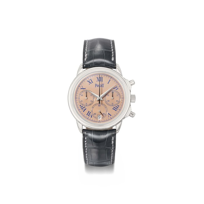 Piaget. A fine platinum automatic chronograph wristwatch with date and salmon dial SIGNED PIAGET, AUTOMATIC, CHRONOGRAPH GOUVERNEUR MODEL, REF. 12978PT, CASE NO. 595'694, CIRCA 1997