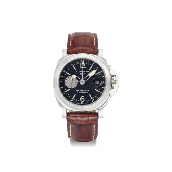 Panerai. A large stainless steel automatic cushion-shaped dual time wristwatch with date SIGNED PANERAI, LUMINOR GMT, AUTOMATIC, NO. H2736/2900, REF. OP 6633, MOVEMENT NO. 445'888, CASE NO. BB 1177308, CIRCA 2005