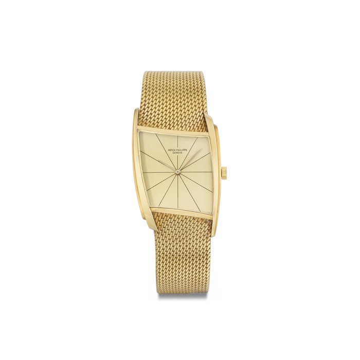 Patek Philippe. An extremely fine and rare 18K gold asymmetrical wristwatch with champagne dial, bracelet and original certificate, designed by Gilbert Albert SIGNED PATEK PHILIPPE, GENÈVE, REF. 3424/3, MOVEMENT NO. 858'111, CASE NO. 2'622'939, MANUFACTURED IN 1965
