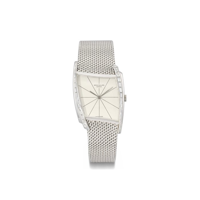 Patek Philippe. An extremely fine and very rare platinum and diamond-set asymmetrical wristwatch with bracelet SIGNED PATEK PHILIPPE, REF. 3424/2, MOVEMENT NO. 857'306, CASE NO. 2'615'168, MANUFACTURED IN 1961