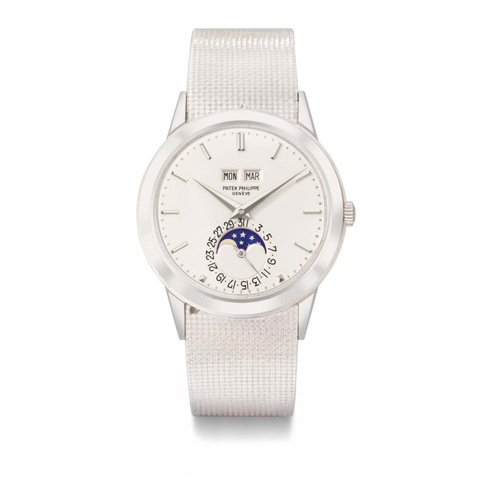Patek Philippe. A very fine and possibly unique 18K white gold automatic perpetual calendar wristwatch with moon phases, bracelet and box SIGNED PATEK PHILIPPE, GENÈVE, REF. 3448/6, MOVEMENT NO. 1'119'228, CASE NO. 328'529, MANUFACTURED IN 1972