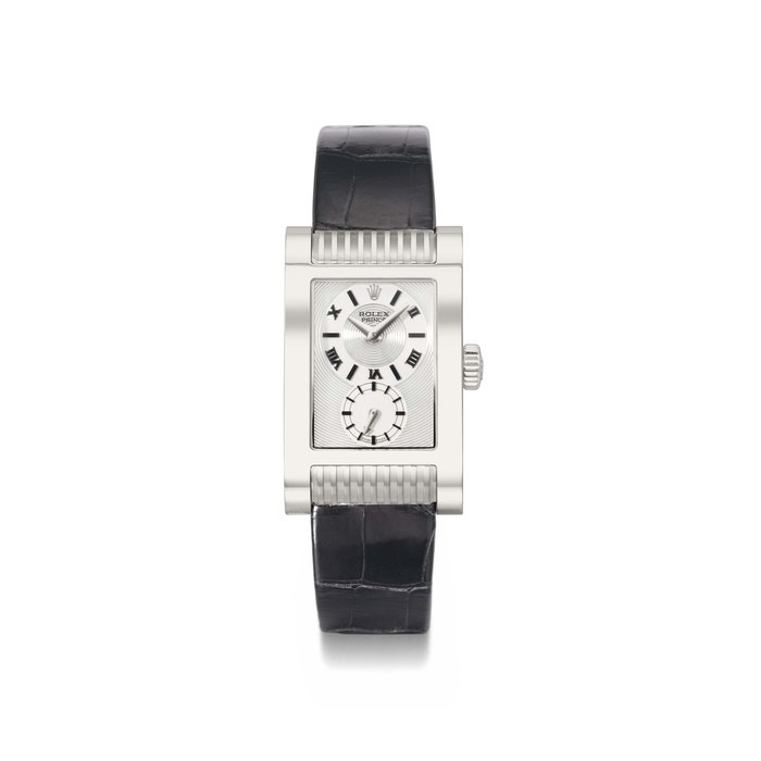 Rolex. An 18K white gold rectangular curved wristwatch with two-tone silvered dial SIGNED ROLEX, PRINCE, CELLINI, REF. 5441/9, CASE NO. D773323, MANUFACTURED IN 2007