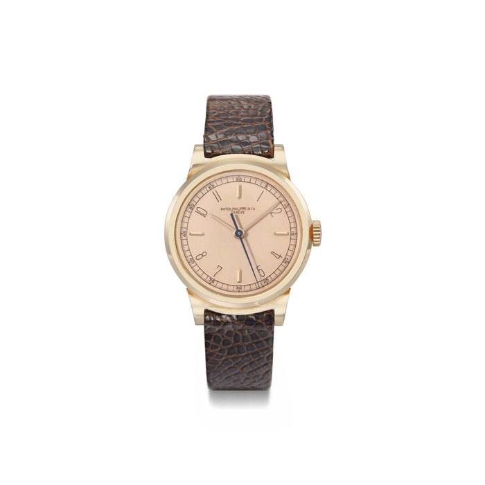 Patek Philippe. A very fine and rare 18K pink gold wristwatch with indirect sweep centre seconds, scroll lugs and pink dial SIGNED PATEK PHILIPPE & CO., GENÈVE, REF. 1491, MOVEMENT NO. 864'169, CASE NO. 625'526, MANUFACTURED IN 1941