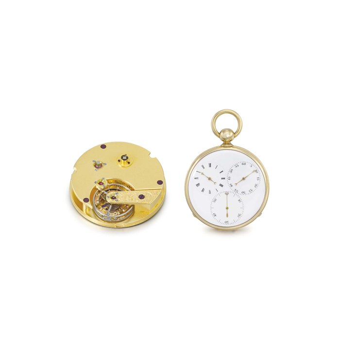 Swiss, attributed to Henchoz Frères. A very fine and rare 18K gold openface keywound pocket chronometer with regulator-style dial and tourbillon UNSIGNED, NO. 130, CIRCA 1880