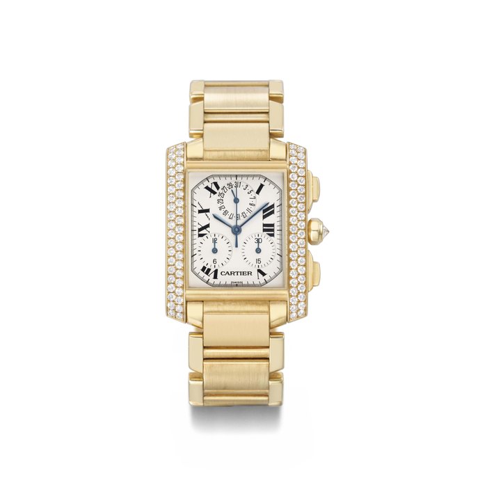 Cartier. An 18K gold and diamond-set rectangular chronograph wristwatch with date and bracelet SIGNED CARTIER, TANK FRANÇAISE CHRONOGRAPHE MODEL, REF. 1830, CASE NO. MG283574, CIRCA 2000