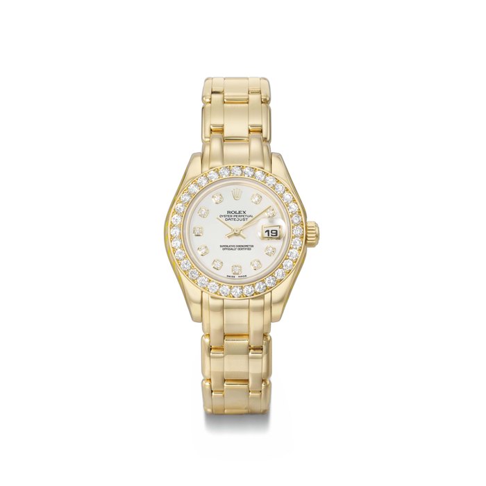 Rolex. A lady's fine 18K gold, mother-of-pearl and diamond-set automatic wristwatch with sweep centre seconds, date and bracelet SIGNED ROLEX, OYSTER PERPETUAL, LADY-DATEJUST PEARLMASTER, DATEJUST, REF. 69298, CASE NO. W071068, MANUFACTURED IN 1999