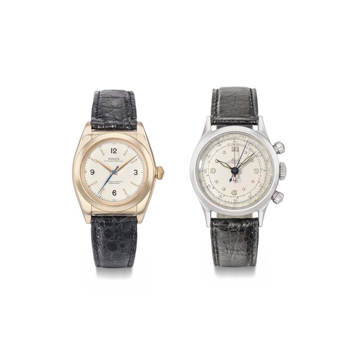 Rolex and Mido. A lot of one 14K pink gold automatic bubble back wristwatch with centre seconds and one stainless steel chronograph wristwatch with central register SIGNED ROLEX, OYSTER PERPETUAL, REF. 3131, CASE NO. 5679 AND MIDO, MULTICENTRECHRONO, CASE NOS. 4759 AND 814'759, BOTH CIRCA 1945