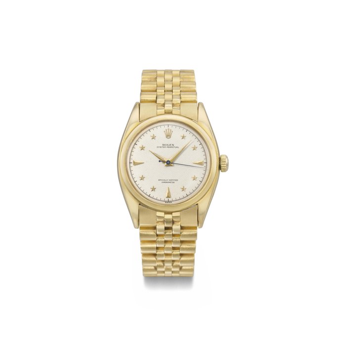 Rolex. A fine, very rare and large 18K gold automatic bubble back wristwatch with sweep centre seconds, honeycomb dial, star numerals and bracelet SIGNED ROLEX, OYSTER PERPETUAL, REF. 6098, CASE NO. 912'107, MANUFACTURED IN 1953