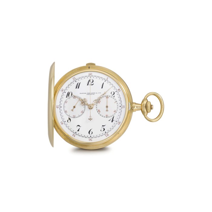 Patek Philippe. A fine and rare 18K gold hunter case keyless lever chronograph watch with Breguet numerals and box SIGNED PATEK PHILIPPE & CIE, GENÈVE, MOVEMENT NO. 157'245, CASE NO. 280'985, MANUFACTURED IN 1912