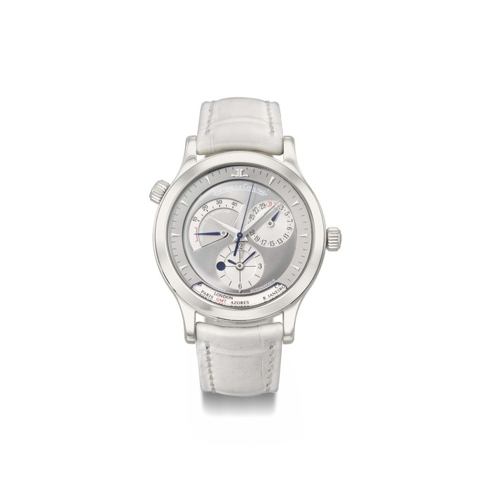 Jaeger-Lecoultre Jaeger-LeCoultre. An 18K white gold automatic world time wristwatch with sweep centre seconds, date, power reserve and hinged back SIGNED JAEGER-LECOULTRE, MASTER GEOGRAPHIC MODEL, MASTER CONTROL, 1000 HOURS, NO. 0579, REF. 142.3.92, MOVEMENT NO. 3'149'691, MANUFACTURED IN 2004, Price & Market Data