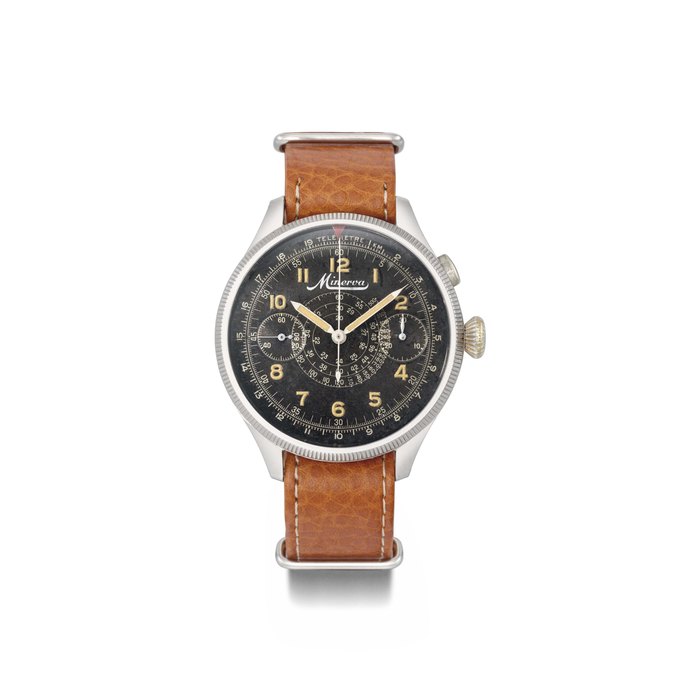 Minerva. A large and unusual stainless steel pilot's single button chronograph wristwatch with black dial SIGNED MINERVA, MOVEMENT NO. 1'544'930, CASE NO. 468'983, CIRCA 1940