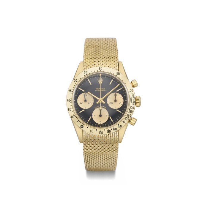 Rolex Rolex. A very rare and attractive 18K gold chronograph wristwatch with black dial, mesh bracelet and box SIGNED ROLEX, COSMOGRAPH DAYTONA, REF. 6239, CASE NO. 1'938'041, MANUFACTURED IN 1968 · 6239