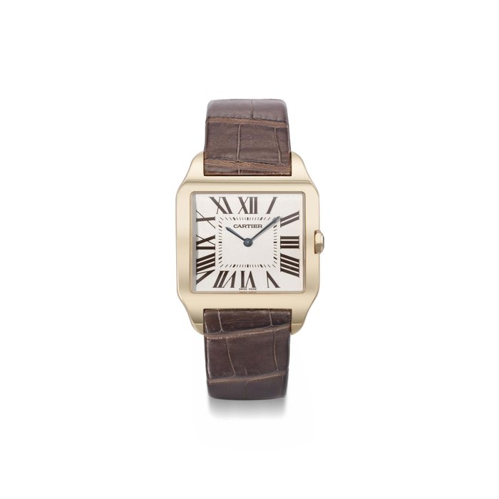 CARTIER. A FINE AND LARGE 18K PINK GOLD SQUARE WRISTWATCH SIGNED CARTIER, SANTOS DUMONT MODEL, REF. 2650, CASE NO. 366154CE, CIRCA 2005