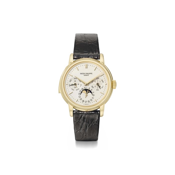 Patek Philippe. A very fine and rare 18K gold automatic minute repeating perpetual calendar wristwatch with moon phases, original certificate and box SIGNED PATEK PHILIPPE, GENÈVE, REF. 3974, MOVEMENT NO. 1'906'033, CASE NO. 2'867'130, MANUFACTURED IN 1991