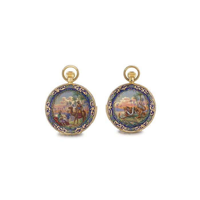 Swiss. A fine and attractive 18K gold and enamel hunter case minute repeating keyless lever watch UNSIGNED, NO. 7242, CIRCA 1890