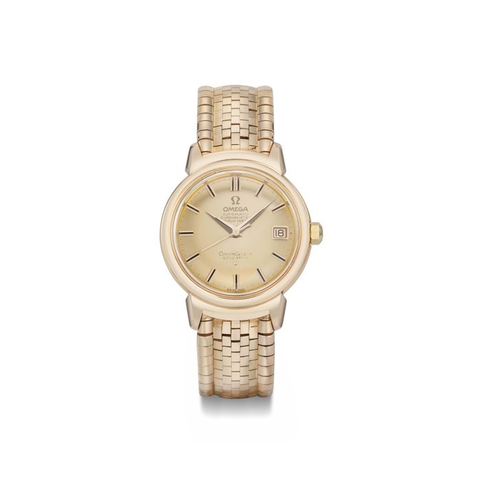 Omega. A fine 18K pink gold automatic wristwatch with pink dial, sweep centre seconds, date, bracelet and later added movement SIGNED OMEGA, CONSTELLATION CALENDAR GRAND LUXE MODEL, REF. OT 16.995, MOVEMENT NO. 16'887'135, CASE NO. 366'927, MOVEMENT MANUFACTURED IN 1959