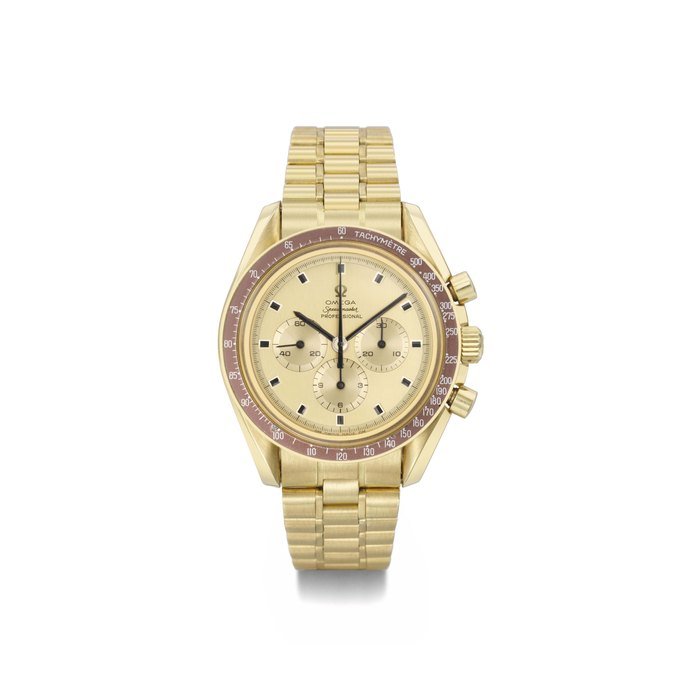 Omega Omega. A fine and rare 18K gold limited edition chronograph wristwatch with bracelet SIGNED OMEGA, SPEEDMASTER PROFESSIONAL, APOLLO XI 1969, NO. 172, REF. 145.022, MOVEMENT NO. 28'420'081, CIRCA 1969