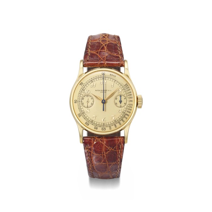 Patek Philippe. An extremely fine and possibly unique 18K gold single button chronograph wristwatch with champagne dial and Breguet numerals SIGNED PATEK PHILIPPE & CO., GENÈVE, REF. 130, MOVEMENT NO. 860'094, CASE NO. 615'542, MANUFACTURED IN 1937