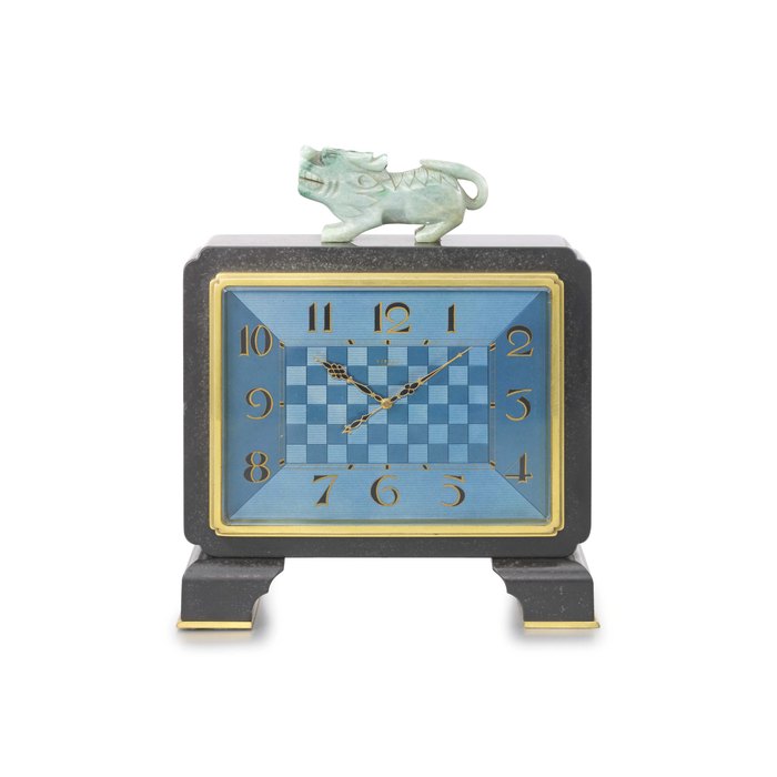 Gübelin. A fine and unusual Art Deco black marble, gilt and jade 8-days desk clock, made for the Chinese market SIGNED GÜBELIN, LUCERNE, CASE NO. 23761, CIRCA 1930