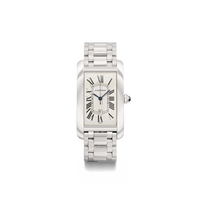 Cartier. An 18K white gold rectangular automatic wristwatch with sweep centre seconds, date and bracelet SIGNED CARTIER, AUTOMATIC, TANK AMÉRICAINE MODEL, CASE NUMBERED 1741 AND CC80318, CIRCA 1995