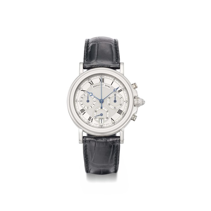 Breguet. A fine platinum automatic chronograph wristwatch with date and two-tone silvered dial SIGNED BREGUET, CHRONOGRAPHE AUTOMATIQUE, HORLOGER DE LA MARINE, MARINE CHRONOGRAPH MODEL, REF. 3460PT, MOVEMENT NO. 2095, CASE NO. 2046, CIRCA 1995